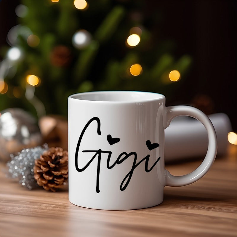 Tailorly White Ceramic 11 oz Mug - Gigi Minimalist Black Cursive Script Accented With Two Small Elegant Hearts Mug
