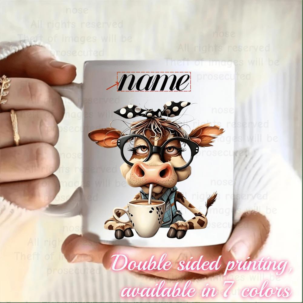 Tailorly White Ceramic 11 oz Mug - Name Anthropomorphic With Stylish Glasses And Polka Dot Headband Drinking Coffee Cow