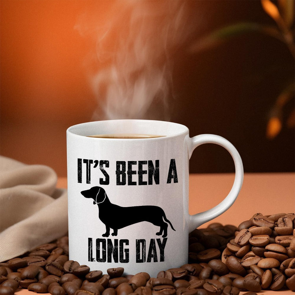 Tailorly White Ceramic 11 oz Mug - Its Been A Long Day Silhouette Of A Long Black Wiener Dog Dachshund