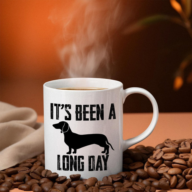 Tailorly White Ceramic 11 oz Mug - Its Been A Long Day Silhouette Of A Long Black Wiener Dog Dachshund
