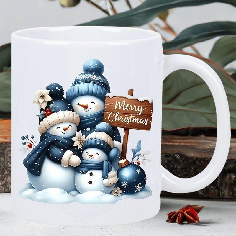 Tailorly White Ceramic 11 oz Mug - Merry Christmas Adorable Snowman Family Wearing Blue Knitted Hats And Scarves Among Snowflakes Snowman