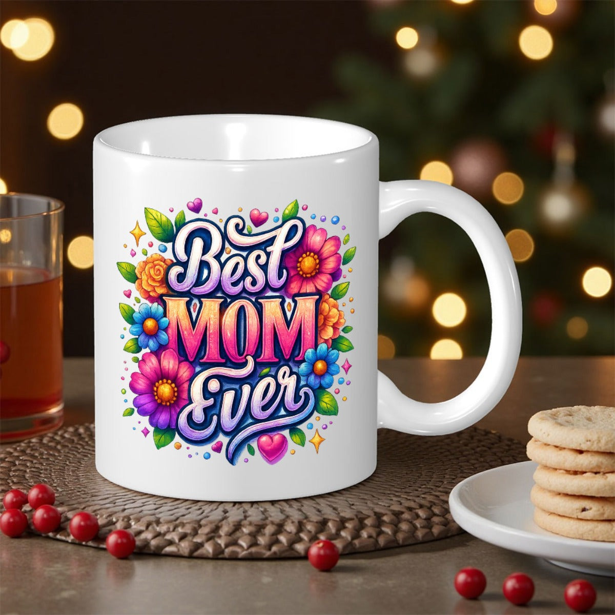 Tailorly White Ceramic 11 oz Mug - Best Mom Ever Vibrant Colorful Blooming Petals With Decorative Heart Accents Flower