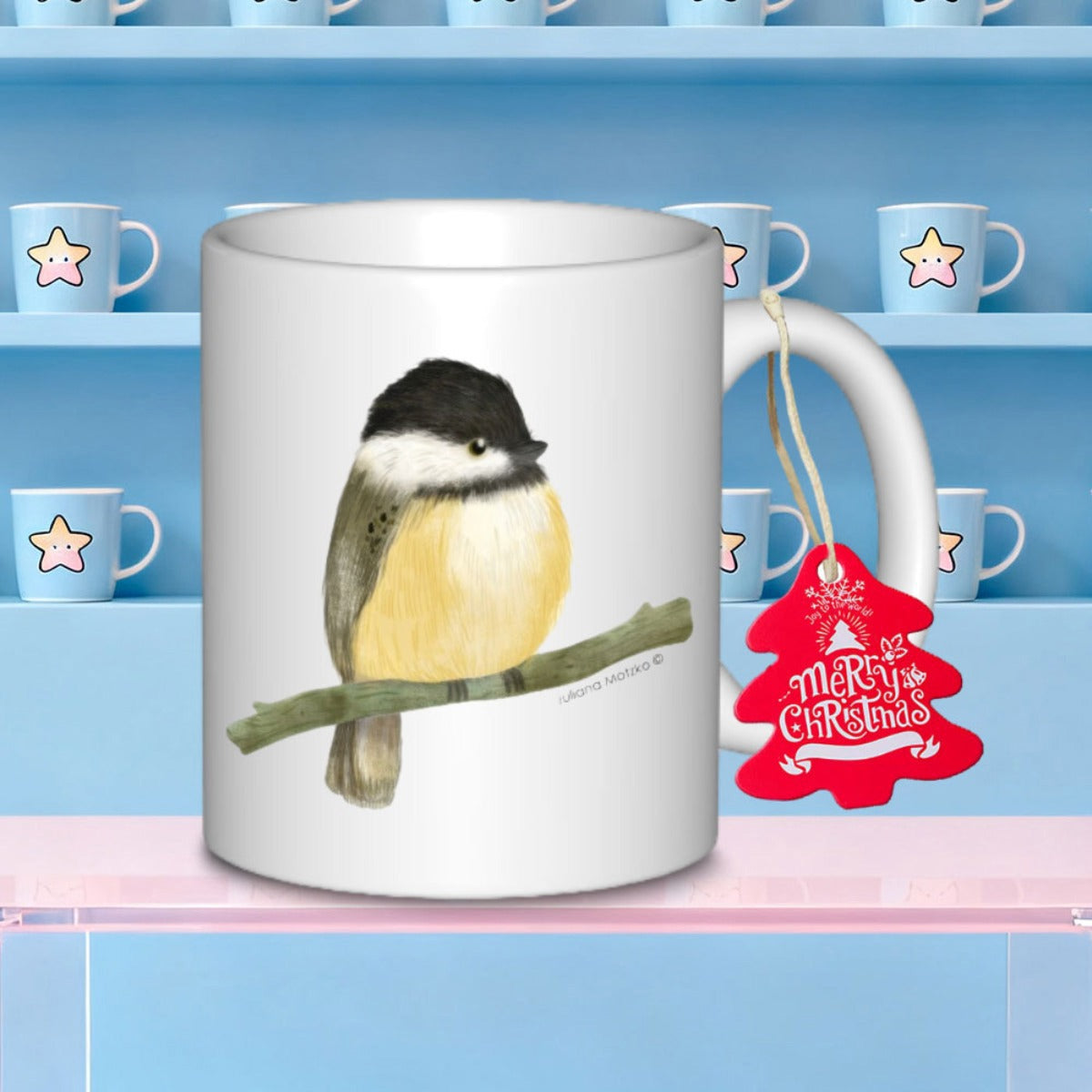 Tailorly White Ceramic 11 oz Mug - Merry Christmas Watercolor Bird Perched On A Realistic Green Mossy Tree Branch Bird