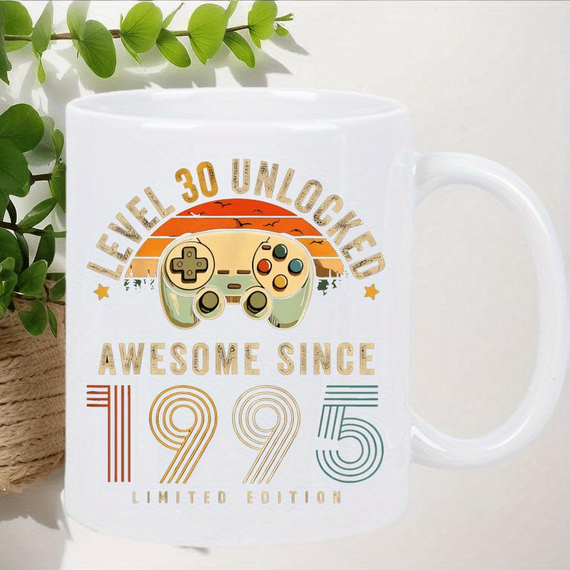 Tailorly White Ceramic 11 oz Mug - Level 30 Unlocked Awesome Since 1995 Limited Edition Vintage Style Controller Surrounded By Retro Sunset Stripes In Distressed