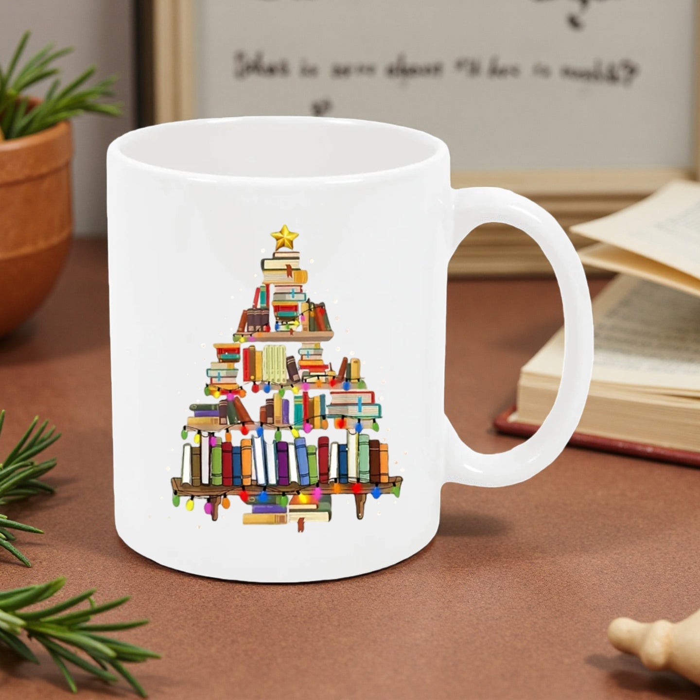 Tailorly White Ceramic 11 oz Mug - Festive Stack Of Colorful Books Arranged As A Holiday Tree