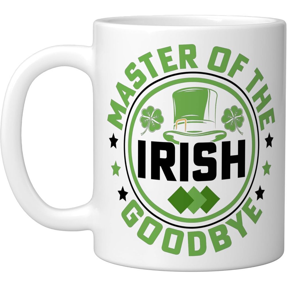 Tailorly White Ceramic 11 oz Mug - Master Of The Irish Goodbye Classic Green Leprechaun Hat With Lucky Shamrocks And Festive Decorative Stars Hat