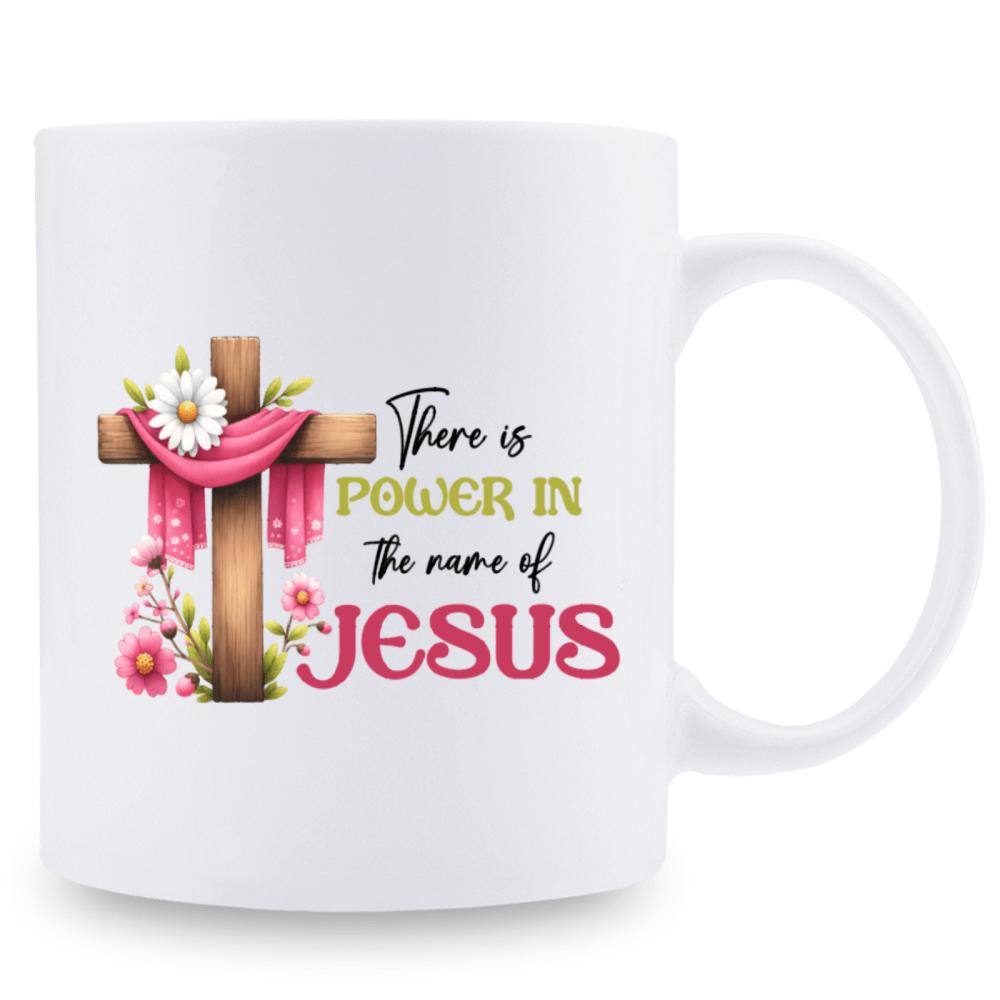 Tailorly White Ceramic 11 oz Mug - There Is Power In The Name Of Jesus Rustic Wooden Religious Symbol Draped With Fabric And Spring Flowers Cross