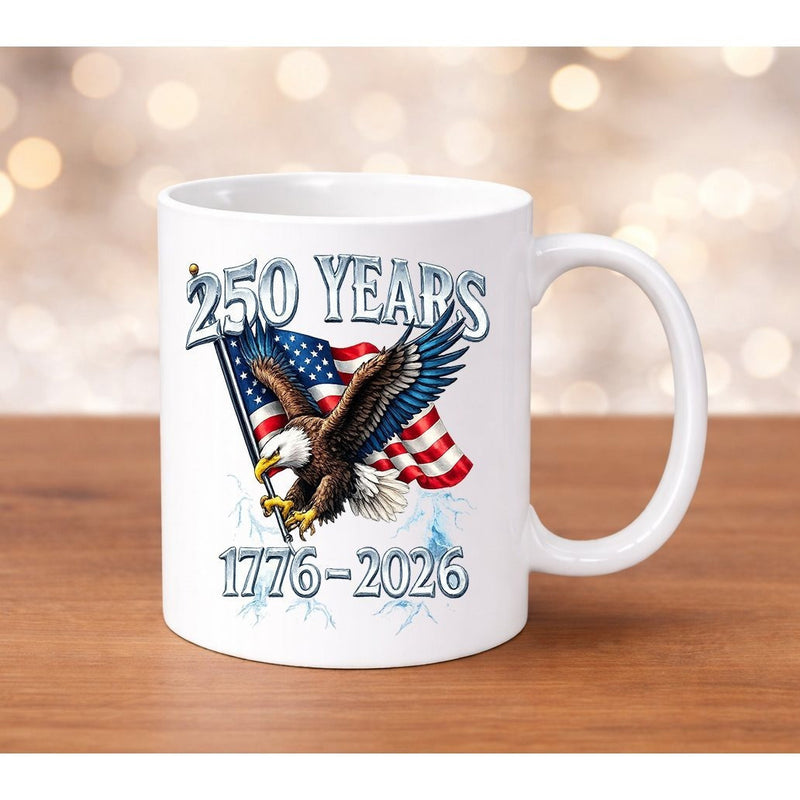 Tailorly White Ceramic 11 oz Mug - 250 Years 1776 2026 Majestic American Flag Waving Behind Patriotic Soaring Bald Eagle