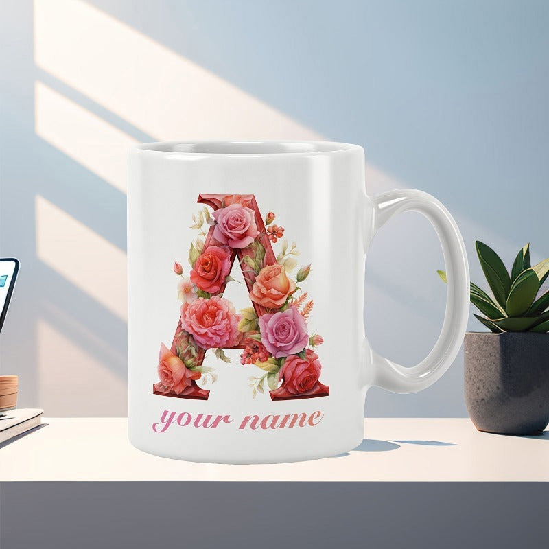Tailorly White Ceramic 11 oz Mug - Your Name Elegant Capital Letter Filled With Vibrant Pink Roses And Greenery Letter