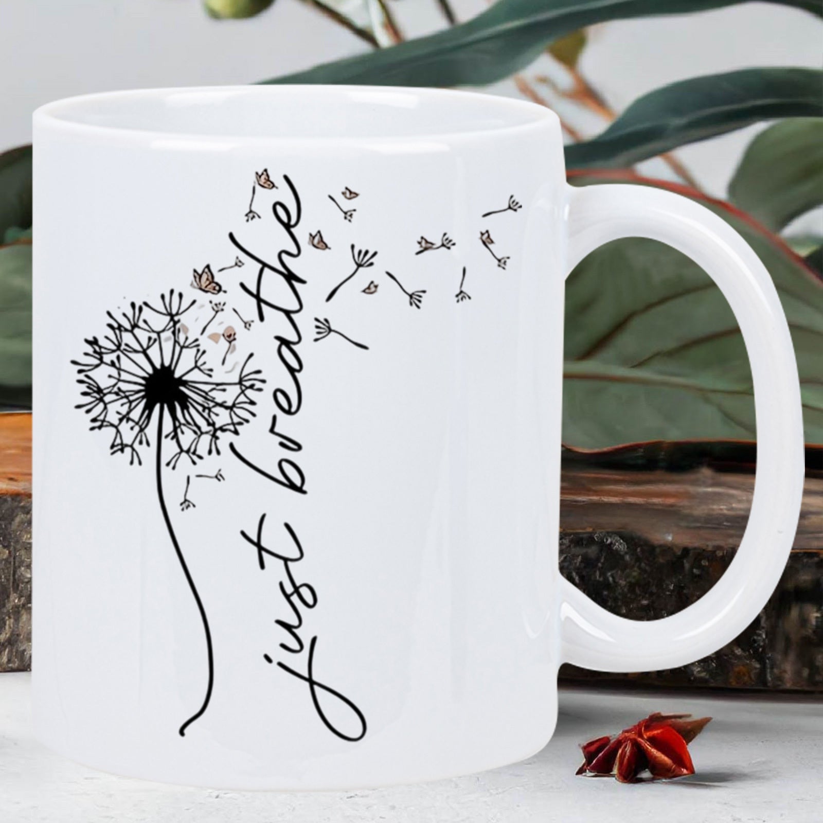 Tailorly White Ceramic 11 oz Mug - Just Breathe Delicate Seeds Floating From A Dandelion On A White Background Dandelion