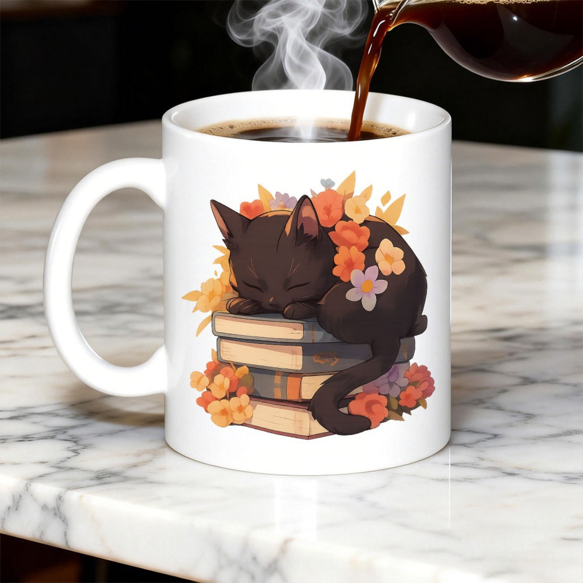 Tailorly White Ceramic 11 oz Mug - Cozy Sleeping Black Cat Resting On Stacked Vintage Books With Autumn Flowers Cat