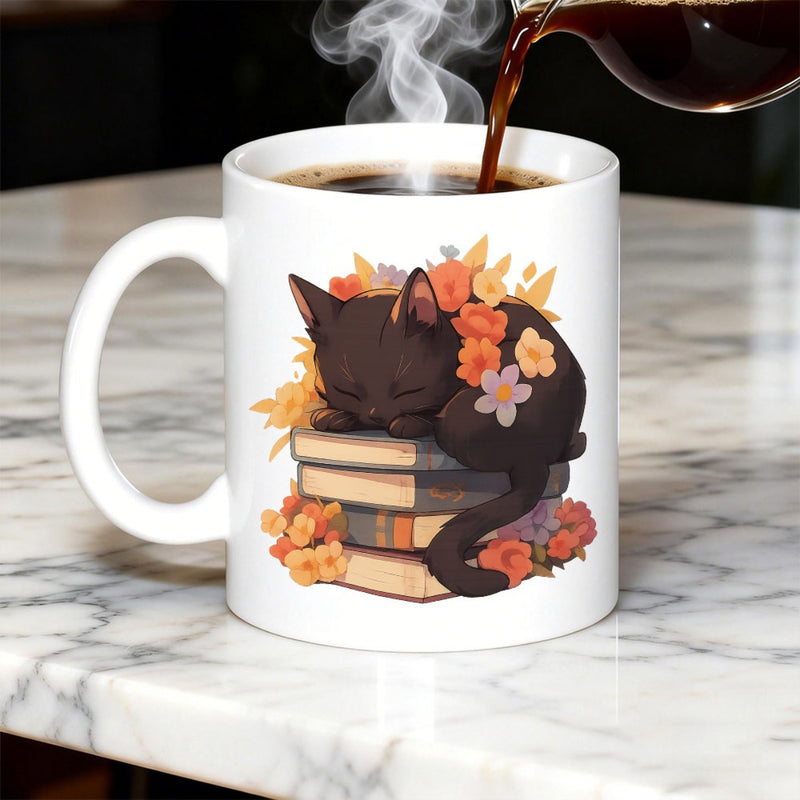 Tailorly White Ceramic 11 oz Mug - Cozy Sleeping Black Cat Resting On Stacked Vintage Books With Autumn Flowers Cat