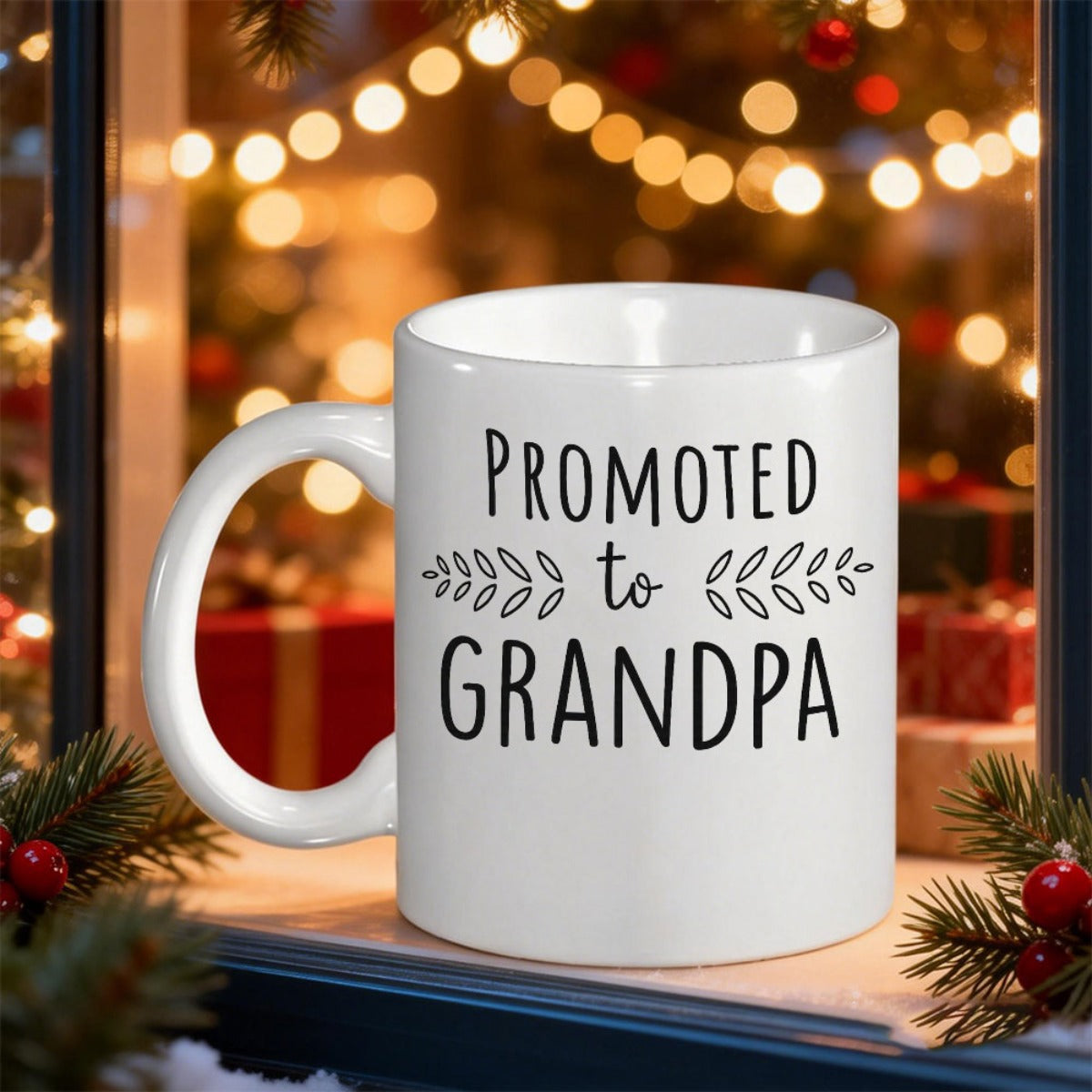Tailorly White Ceramic 11 oz Mug - Promoted To Grandpa Minimalist White Ceramic Featuring Simple Leaf Branches And Text Mug