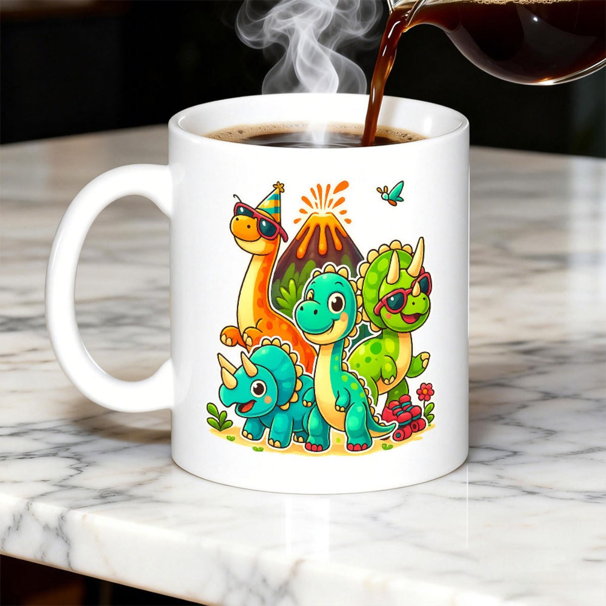 Tailorly White Ceramic 11 oz Mug - Playful Cartoon Characters Celebrating Near An Erupting Prehistoric Mountain Dinosaur