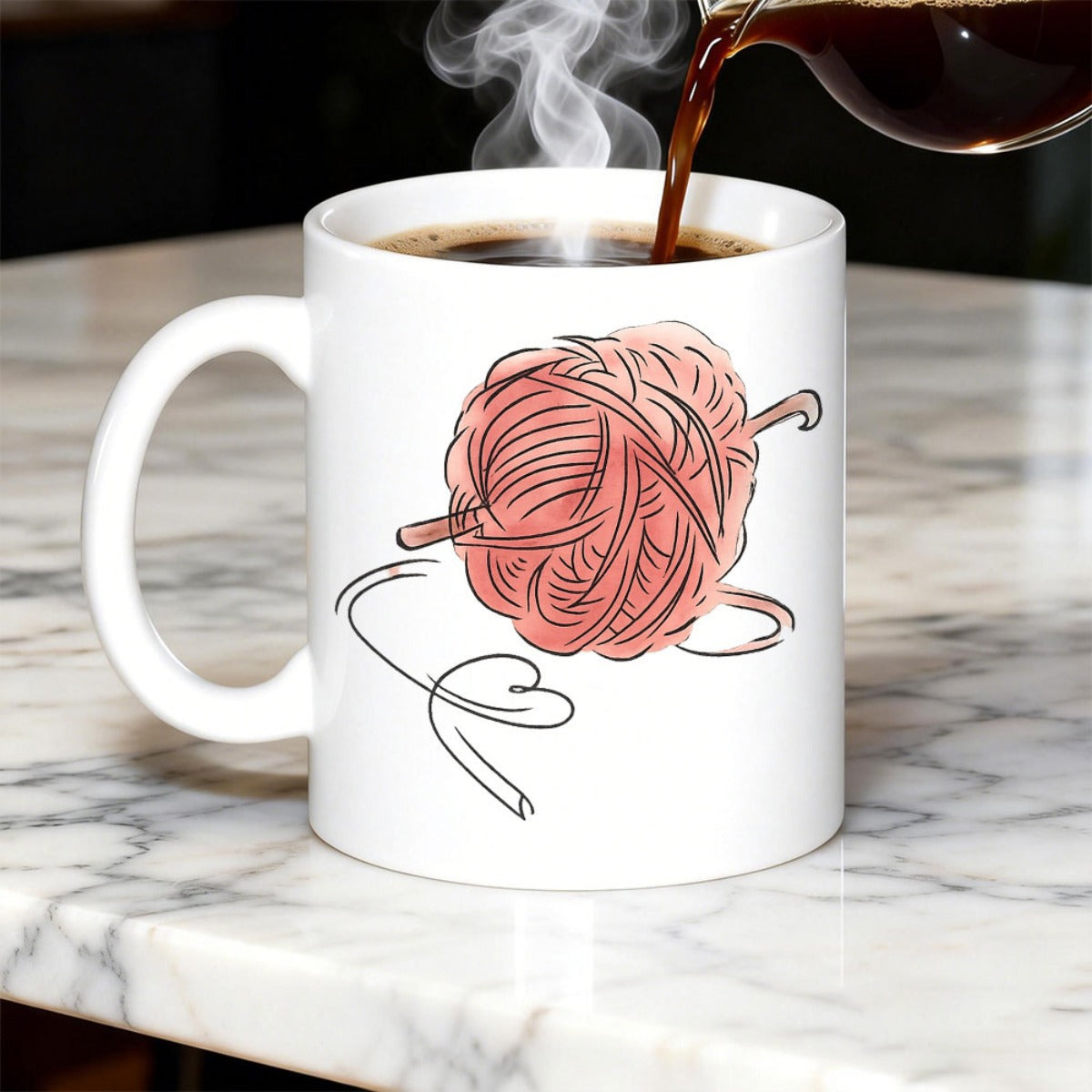 Tailorly White Ceramic 11 oz Mug - Artistic Soft Pink Hand Drawn Ball Of Thread With Crochet Hook Yarn