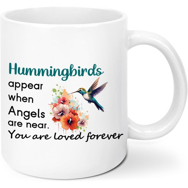 Tailorly White Ceramic 11 oz Mug - Hummingbirds Appear When Angels Are Near You Are Loved Forever Vibrant Watercolor Flowers With Graceful Bird Hovering Near