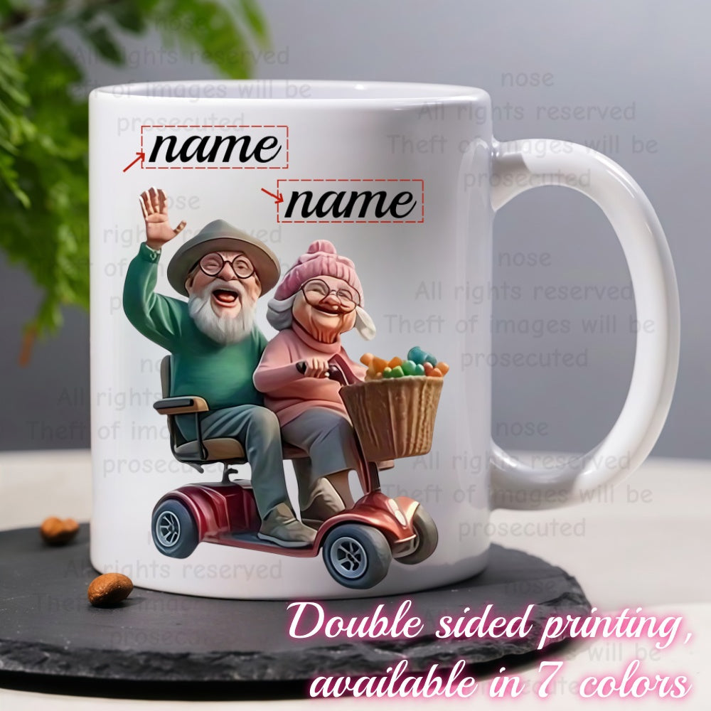 Tailorly White Ceramic 11 oz Mug - Name Joyful Elderly Couple Riding A Vibrant Red Electric Mobility Scooter Together Couple