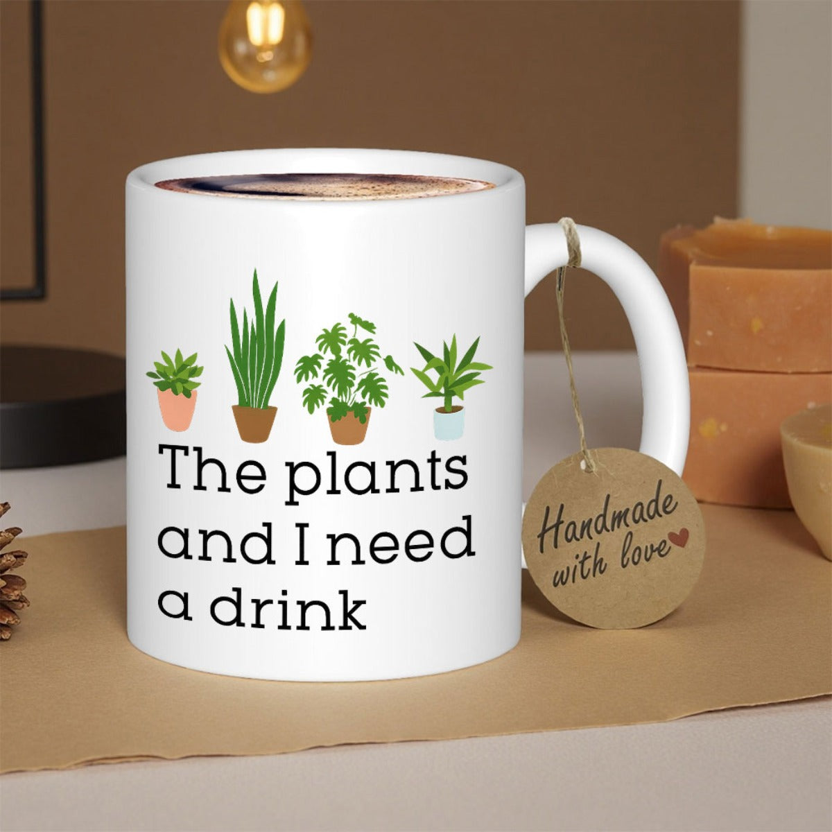 Tailorly White Ceramic 11 oz Mug - The Plants And I Need A Drink Vibrant Green Potted Houseplants Arranged In A Neat Row Plant