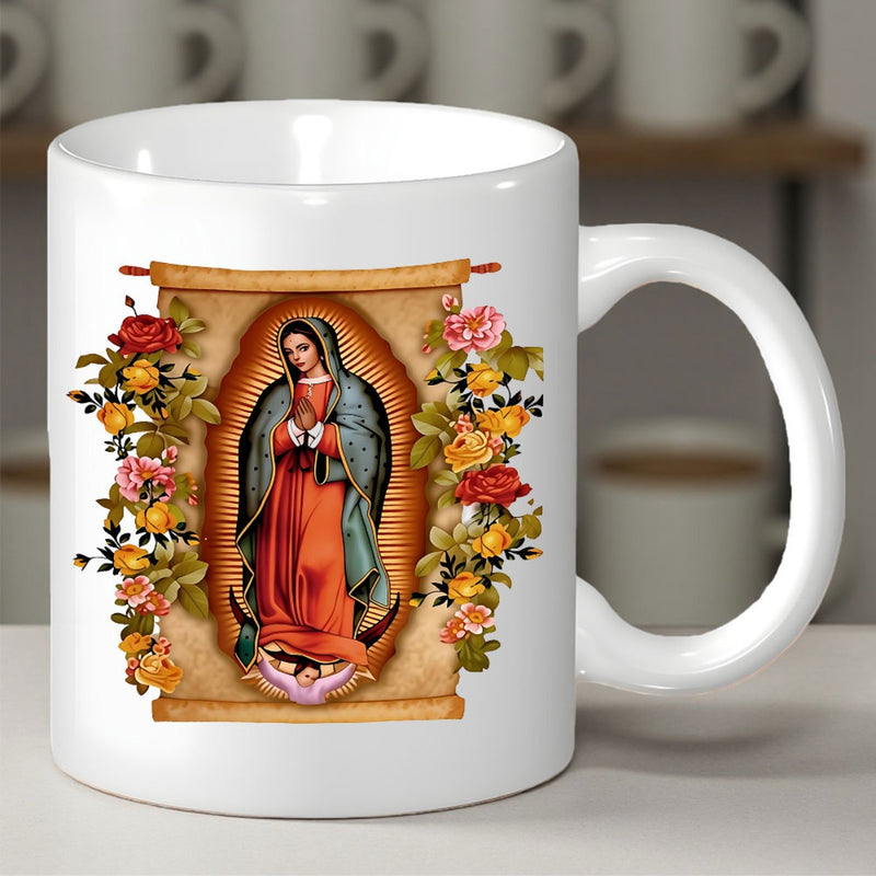 Tailorly White Ceramic 11 oz Mug - Sacred Traditional Religious Icon Surrounded By Beautiful Blooming Colorful Roses Virgin Mary