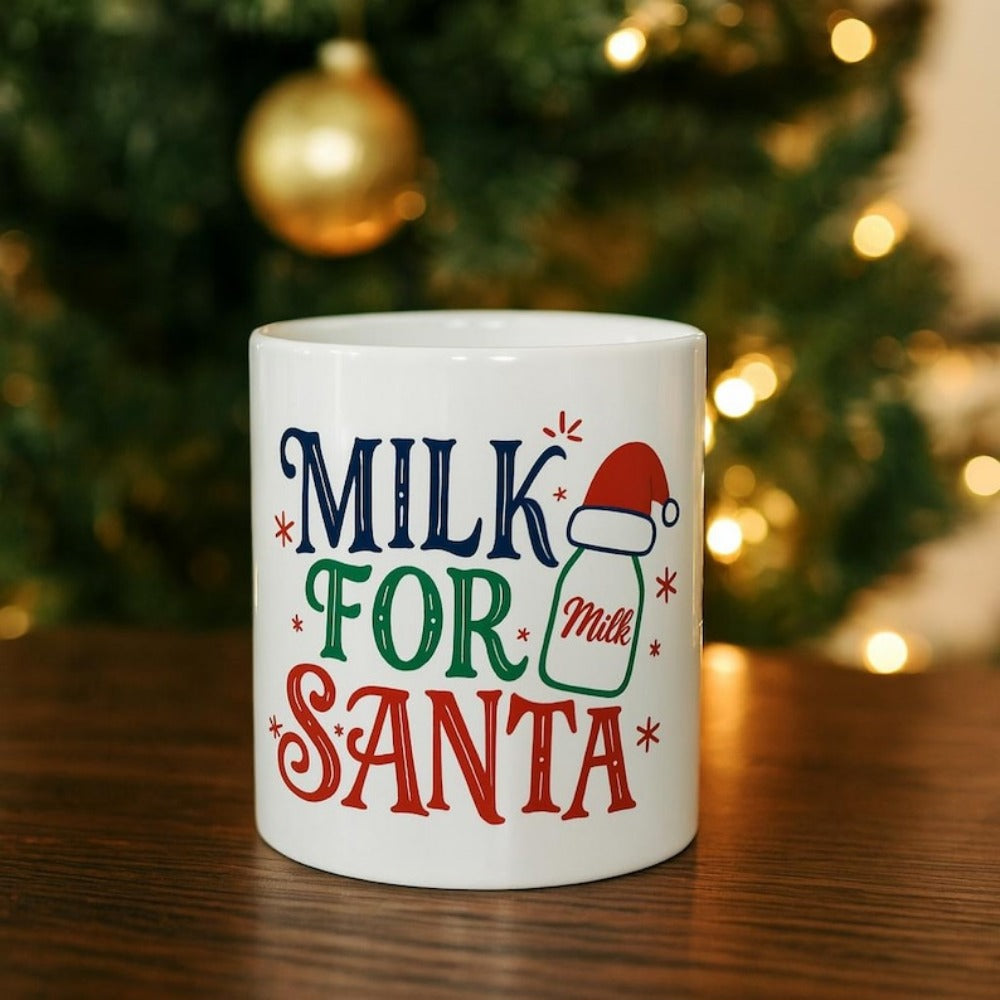 Tailorly White Ceramic 11 oz Mug - Milk For Santa Decorative Glass Bottle Wearing Red Hat Among Twinkling Red Snowflakes Mug