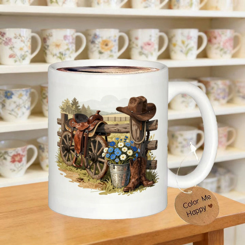 Tailorly White Ceramic 11 oz Mug - Color Me Happy Rustic Western Country Scene With Cowboy Hat And Flowers Near A Saddle