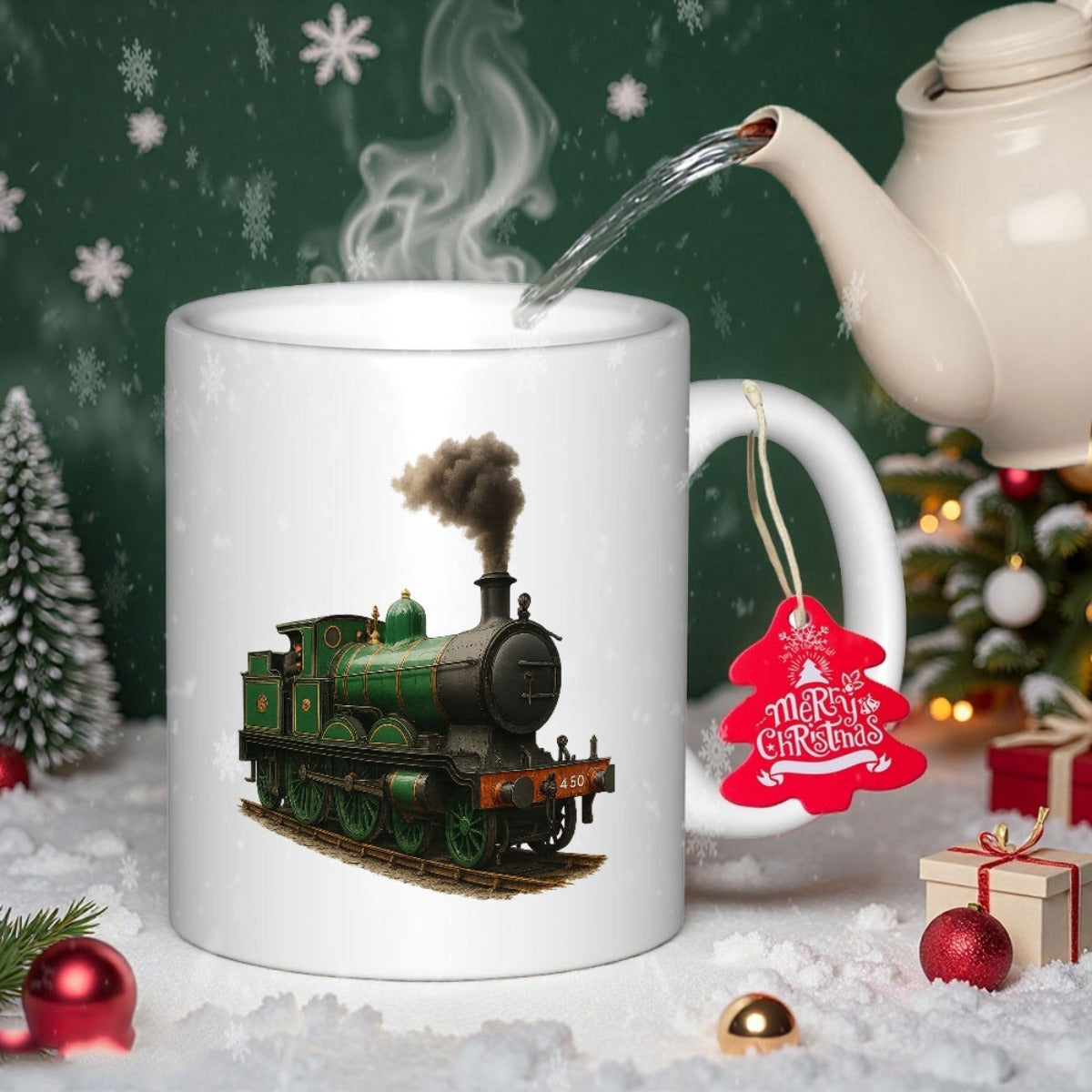 Tailorly White Ceramic 11 oz Mug - Merry Christmas Vintage Green Steam Engine Puffing Smoke Moving Along Snowy Tracks Locomotive