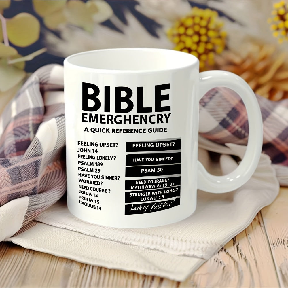 Tailorly White Ceramic 11 oz Mug - Bible Emergency A Quick Reference Guide Minimalist Black Text Layout Printed On Smooth Polished Surface Mug