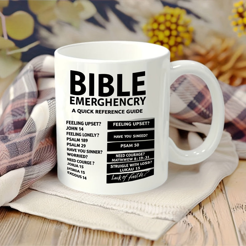 Tailorly White Ceramic 11 oz Mug - Bible Emergency A Quick Reference Guide Minimalist Black Text Layout Printed On Smooth Polished Surface Mug