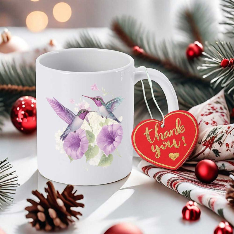 Tailorly White Ceramic 11 oz Mug - Thank You Graceful Watercolor Garden Birds Among Delicate Purple Morning Glory Petals Hummingbird
