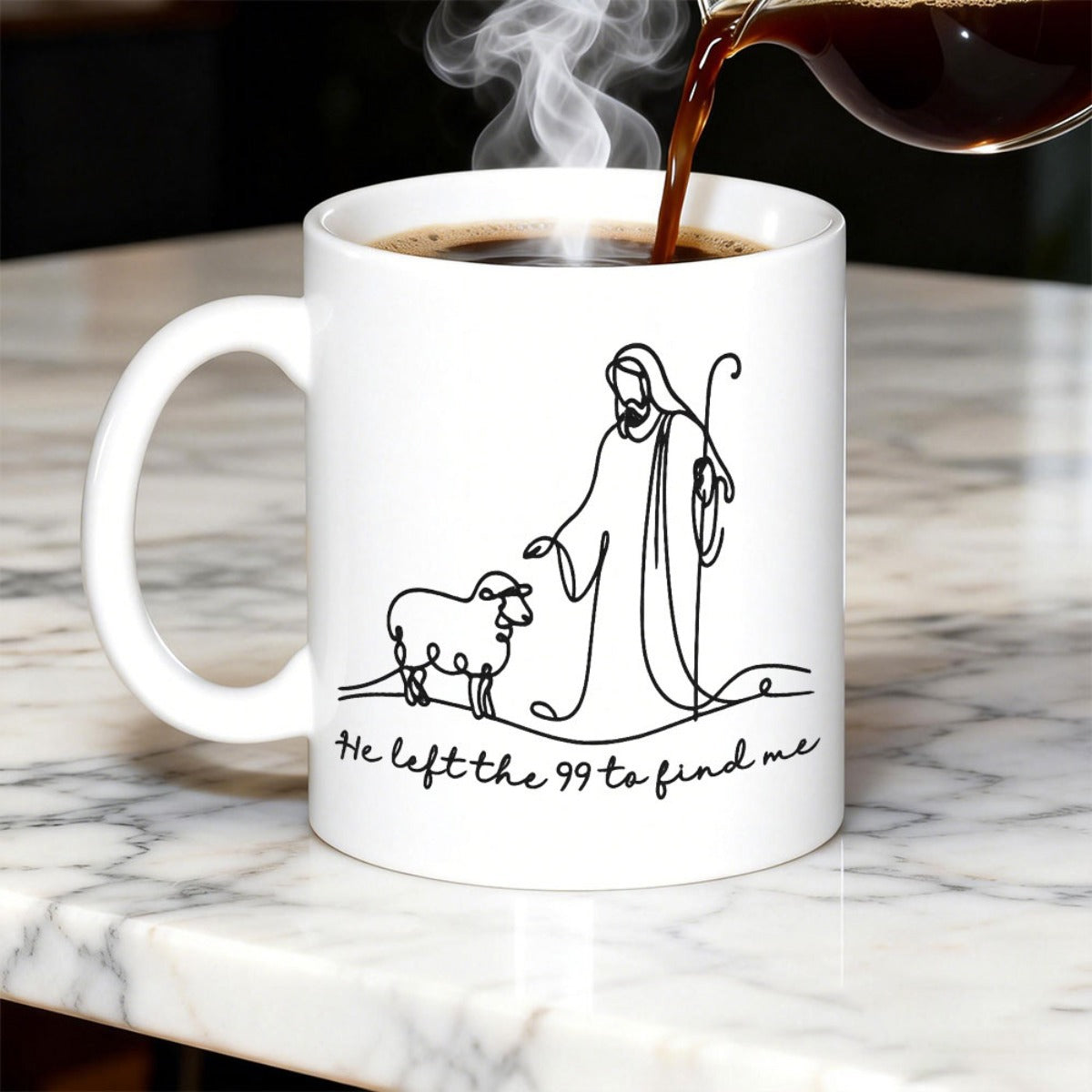 Tailorly White Ceramic 11 oz Mug - He Left The 99 To Find Me Minimalist Line Art Drawing Featuring A Caring Figure And Sheep Shepherd