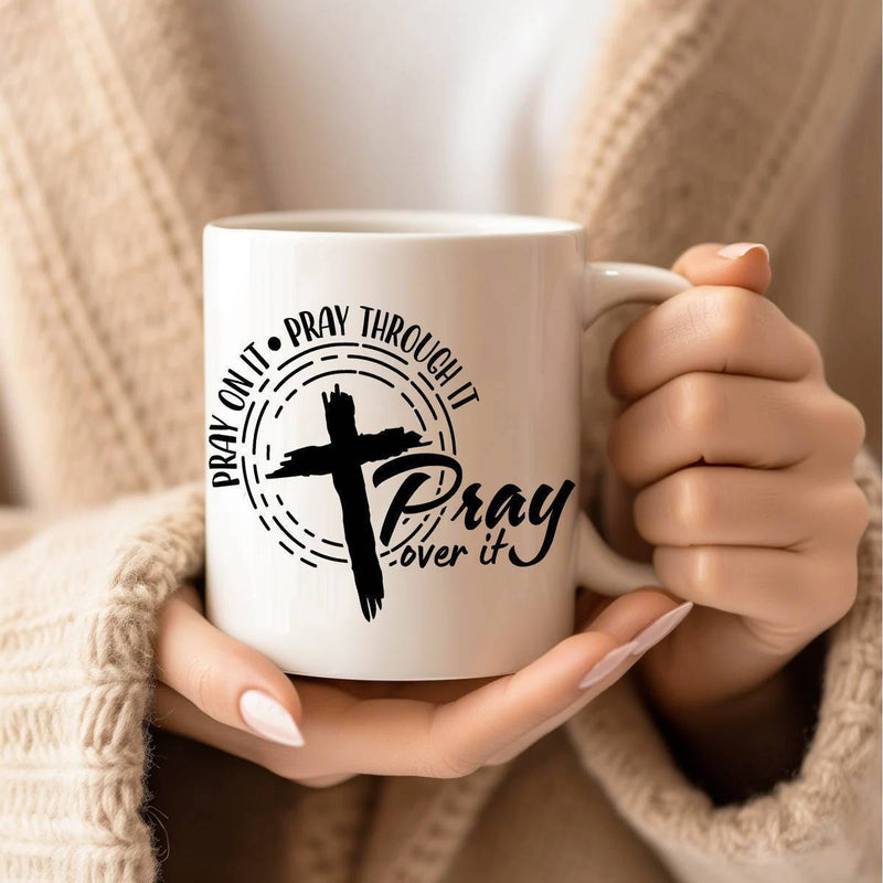 Tailorly White Ceramic 11 oz Mug - Pray On It Pray Through It Pray Over It Rustic Hand Drawn Religious Symbol Inside Minimalist Dotted Circular Frame Cross