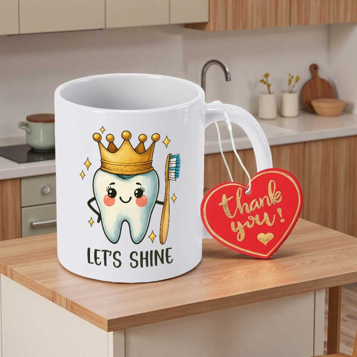 Tailorly White Ceramic 11 oz Mug - Lets Shine Thank You Cute Smiling Tooth Wearing Golden Crown And Holding Small Wooden Toothbrush Tooth