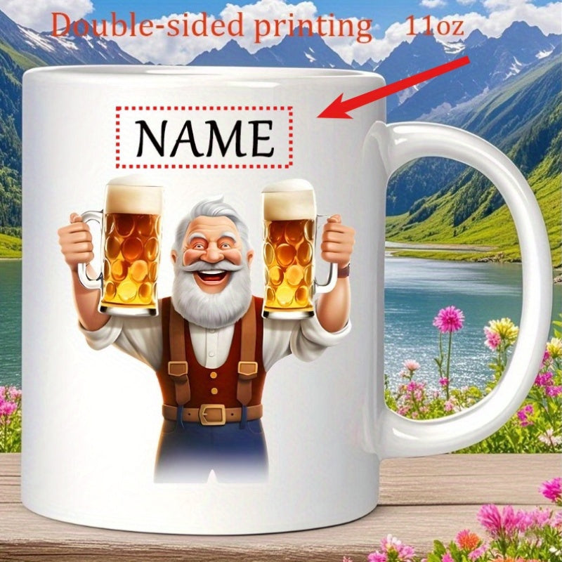 Tailorly White Ceramic 11 oz Mug - Name Cheerful Bearded Elderly Man Holding Two Large Overflowing Beer Mugs Man