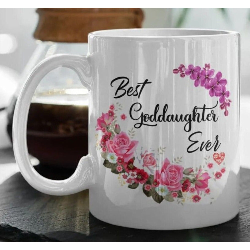 Tailorly White Ceramic 11 oz Mug - Best Goddaughter Ever Vibrant Pink Roses And Small Purple Blossoms Formed Into Delicate Wreath Mug