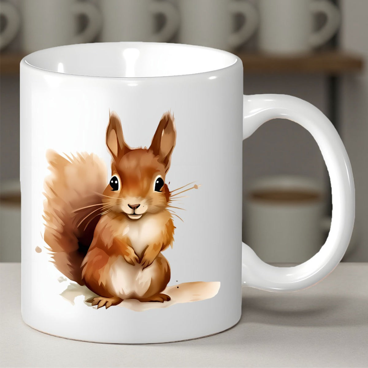 Tailorly White Ceramic 11 oz Mug - Hand Painted Watercolor Red Forest Animal Sitting On White Surface Squirrel