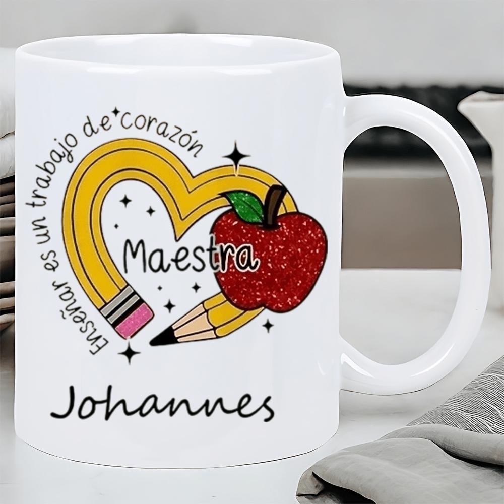 Tailorly White Ceramic 11 oz Mug - Johannes Heart Shaped Yellow Pencil With Red Glitter Apple And Sparkles Pencil