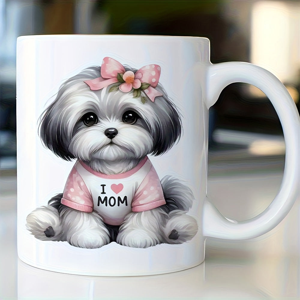 Tailorly White Ceramic 11 oz Mug - I Mom Adorable Fluffy Shih Tzu Puppy In Pink Polka Dot Shirt With Bow Puppy