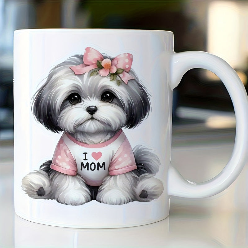 Tailorly White Ceramic 11 oz Mug - I Mom Adorable Fluffy Shih Tzu Puppy In Pink Polka Dot Shirt With Bow Puppy
