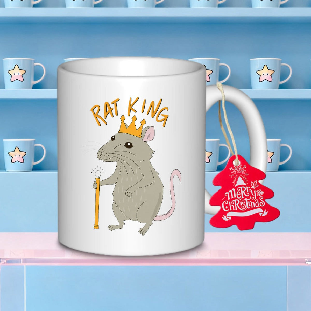 Tailorly White Ceramic 11 oz Mug - Rat King Grey Rat Wearing Golden Crown Holding Scepter On White Surface Rat