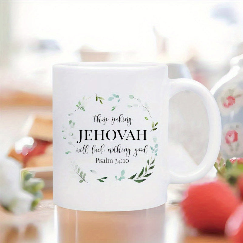 Tailorly White Ceramic 11 oz Mug - Those Seeking Jehovah Will Lack Nothing Good Psalm 34 10 Delicate Green Leaves Circular Wreath With Soft Blue Foliage Details