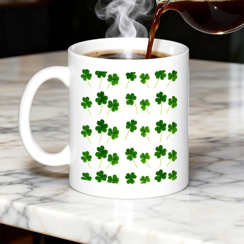 Tailorly White Ceramic 11 oz Mug - Vibrant Green Clover Patterns Scattered Across A Polished White Surface Shamrock