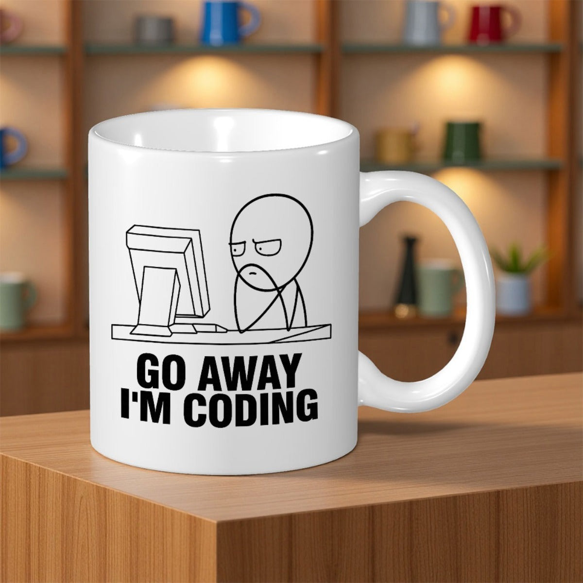 Tailorly White Ceramic 11 oz Mug - Go Away I'm Coding Minimalist Black Line Sketch Stick Figure Sitting At Desk Programmer