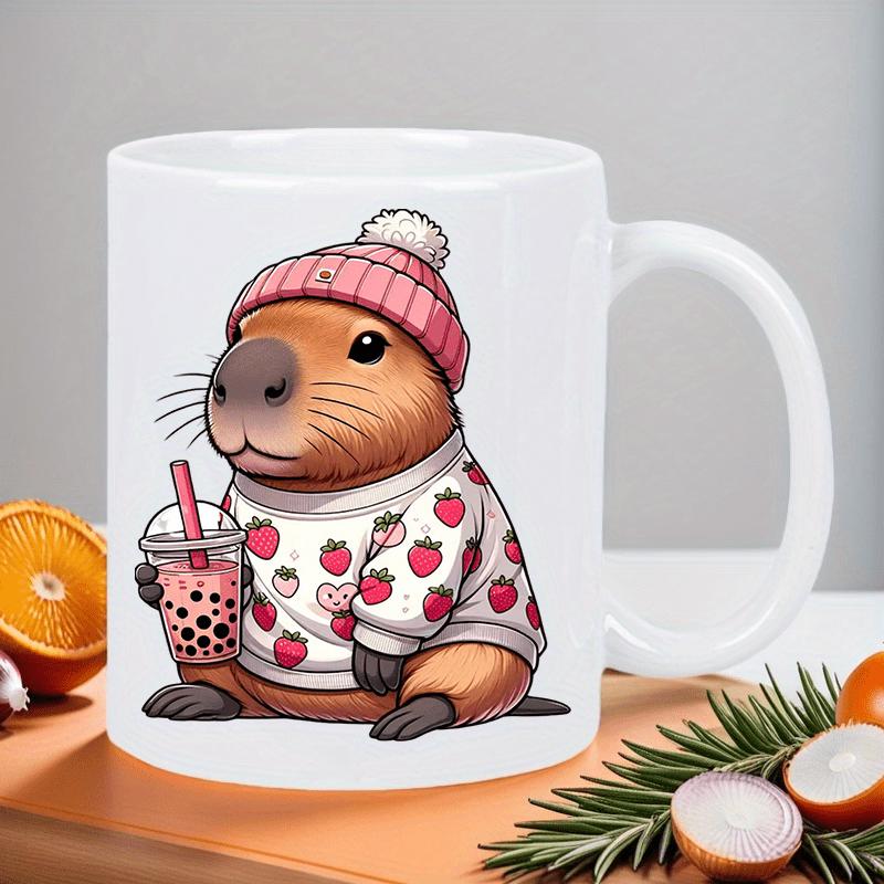 Tailorly White Ceramic 11 oz Mug - Cute Cartoon Wearing Pink Beanie And Strawberry Pattern Sweater Holding Boba Capybara
