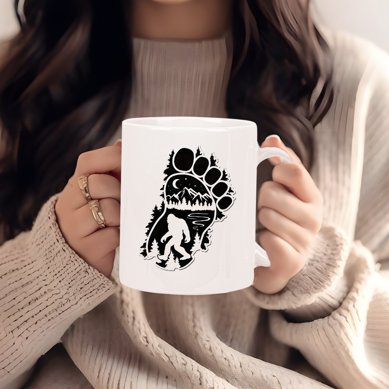 Tailorly White Ceramic 11 oz Mug - Mysterious Forest Silhouette Hidden Within Large Footprint Among Mountain Peaks Bigfoot