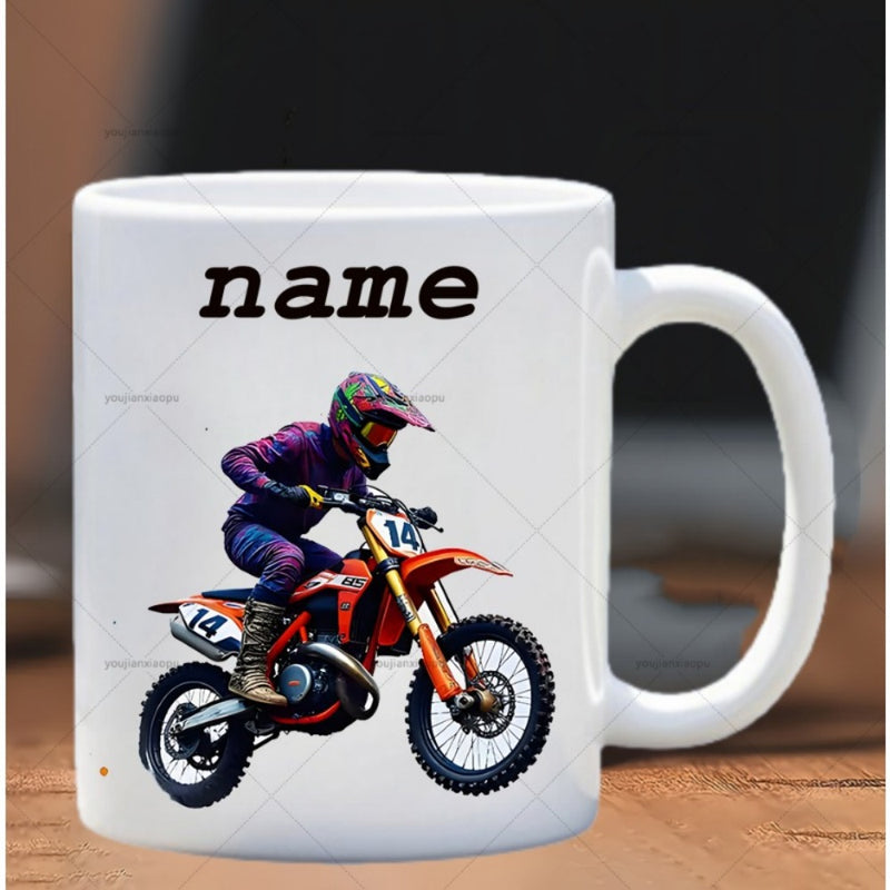 Tailorly White Ceramic 11 oz Mug - Name Dynamic Motocross Rider Speeding On An Orange Professional Dirt Racing Motorcycle