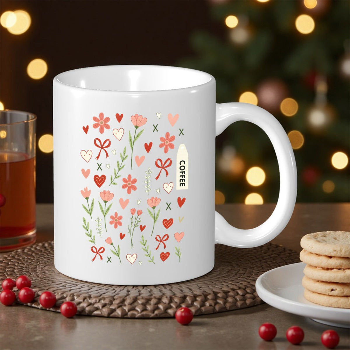 Tailorly White Ceramic 11 oz Mug - Coffee Elegant Hand Drawn Floral Pattern Featuring Small Hearts And Dainty Red Bows Mug