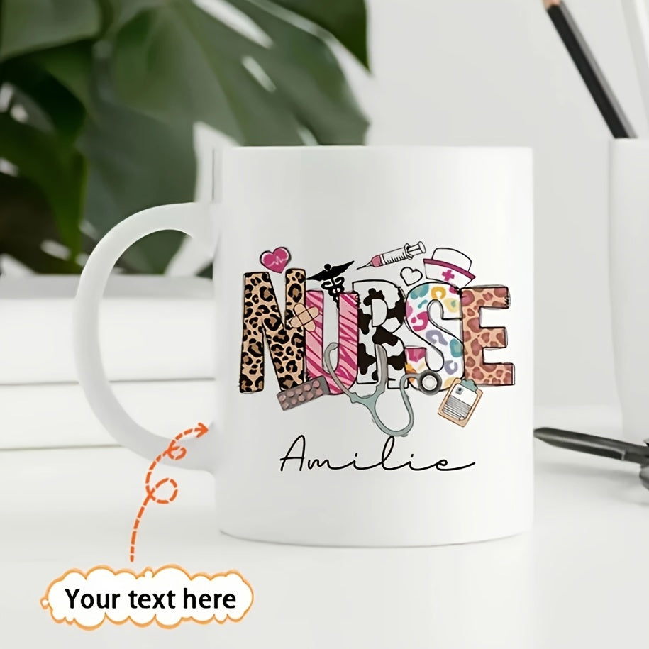 Tailorly White Ceramic 11 oz Mug - Nurse Various Medical Symbols Decorated With Leopard And Pink Print Patterns Nurse