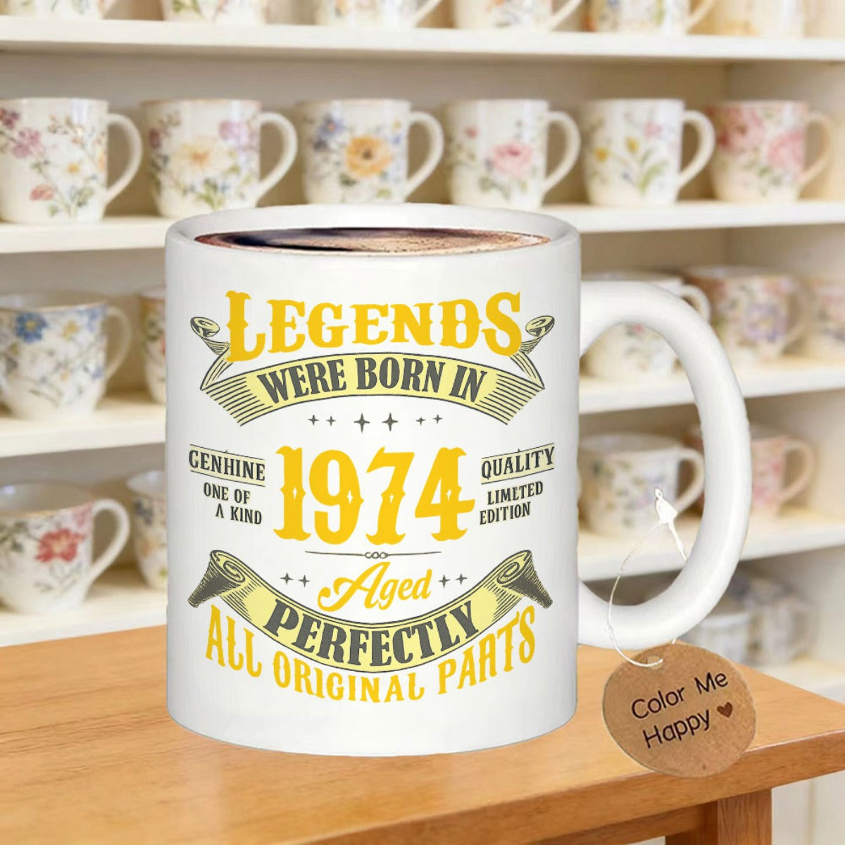 Tailorly White Ceramic 11 oz Mug - Legends Were Born In 1974 Classic Retro Vintage Aesthetic With Decorative Banner And Stars Mug