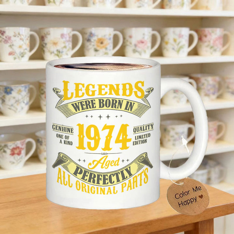 Tailorly White Ceramic 11 oz Mug - Legends Were Born In 1974 Classic Retro Vintage Aesthetic With Decorative Banner And Stars Mug