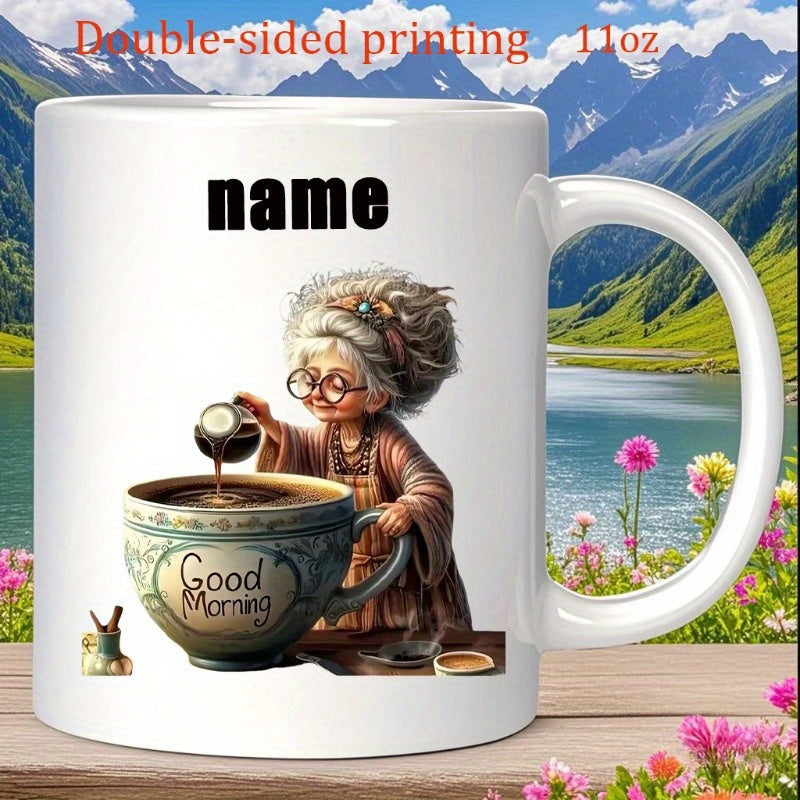 Tailorly White Ceramic 11 oz Mug - Name Good Morning Kind Elderly Woman Pouring Hot Coffee Into A Decorative Cup Grandmother
